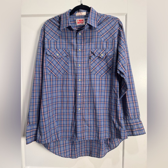 vintage 80s LEVIS PINK AND BLUE PLAID WESTERN PEARL COWBOY - Picture 2 of 9